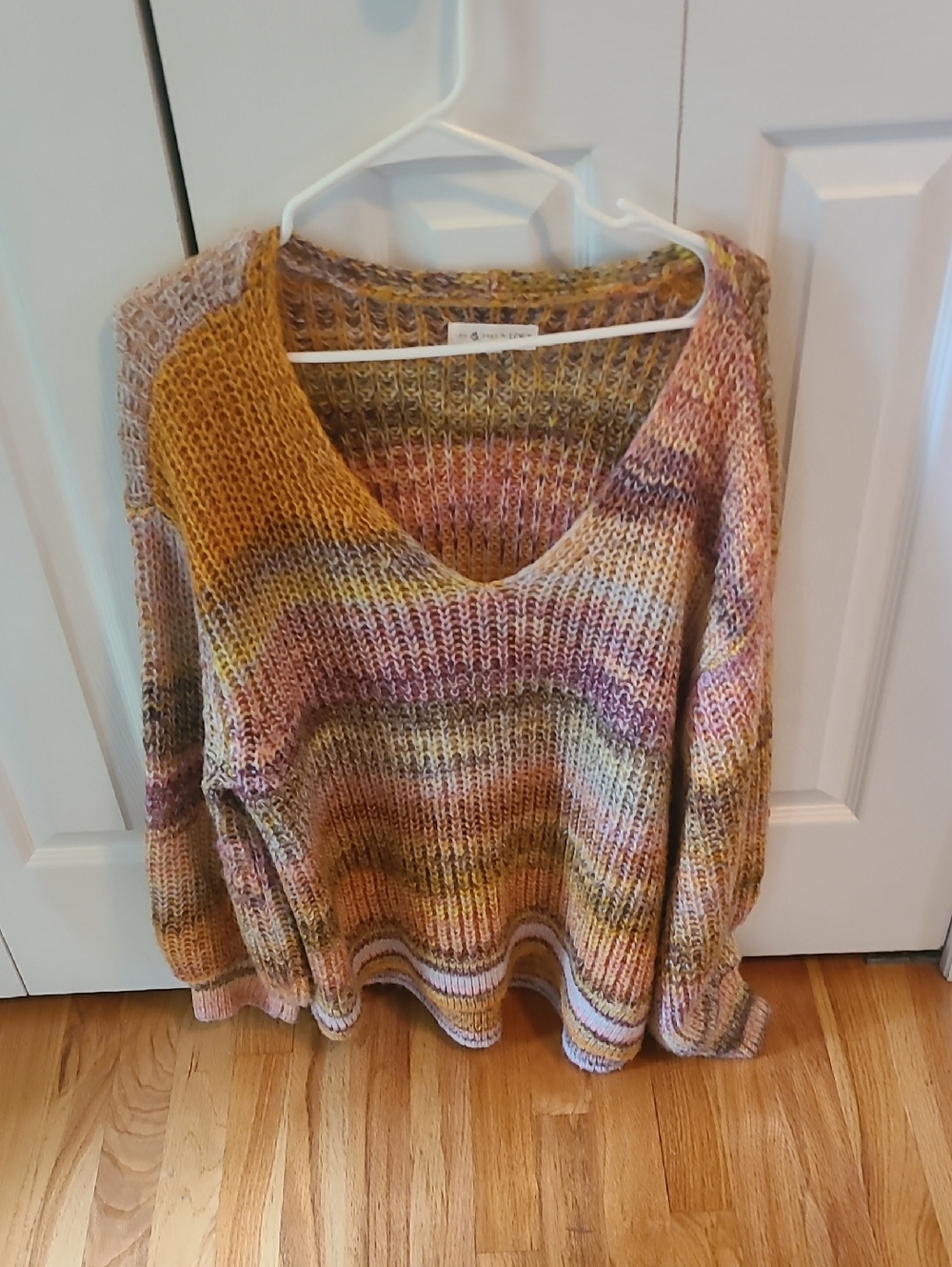 LOFT Multicolor Knit V-Neck Sweater in Mustard, Pink, Cream & Gray